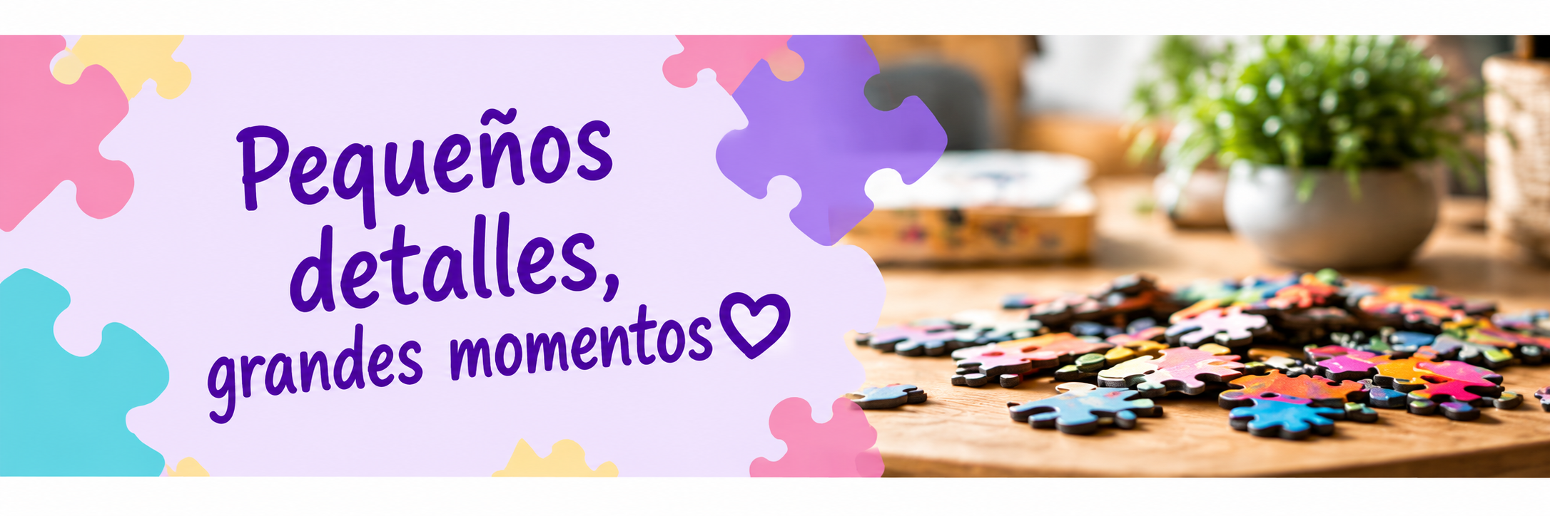 Pequeños detalles, grandes momentos 💜. Piezas de rompecabezas de colores sobre una mesa.